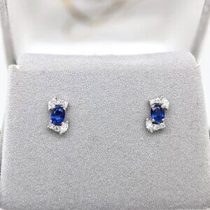 Blue Sapphire Earrings in Solid 14K Gold with Natural Diamond Accents